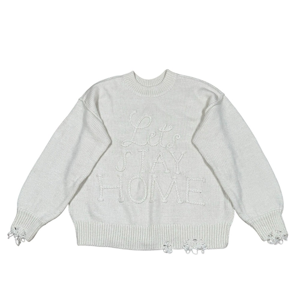 Wild Fox Sweater Women's Sz S‎ Ivory Lets Stay Home Knit Oversized Distressed